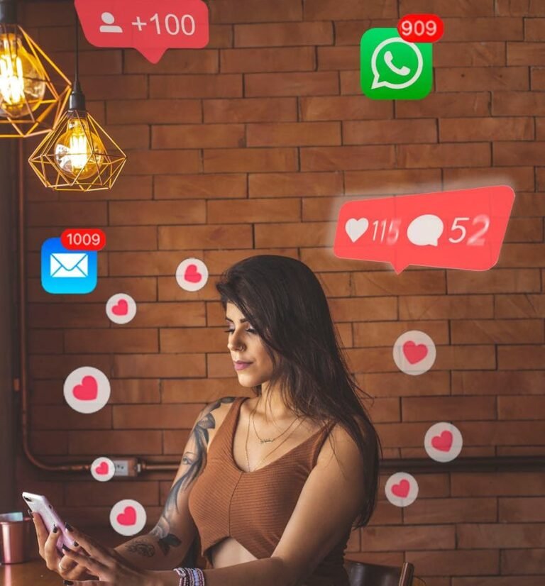 sitting woman using smartphone with hearts and smartphone icons