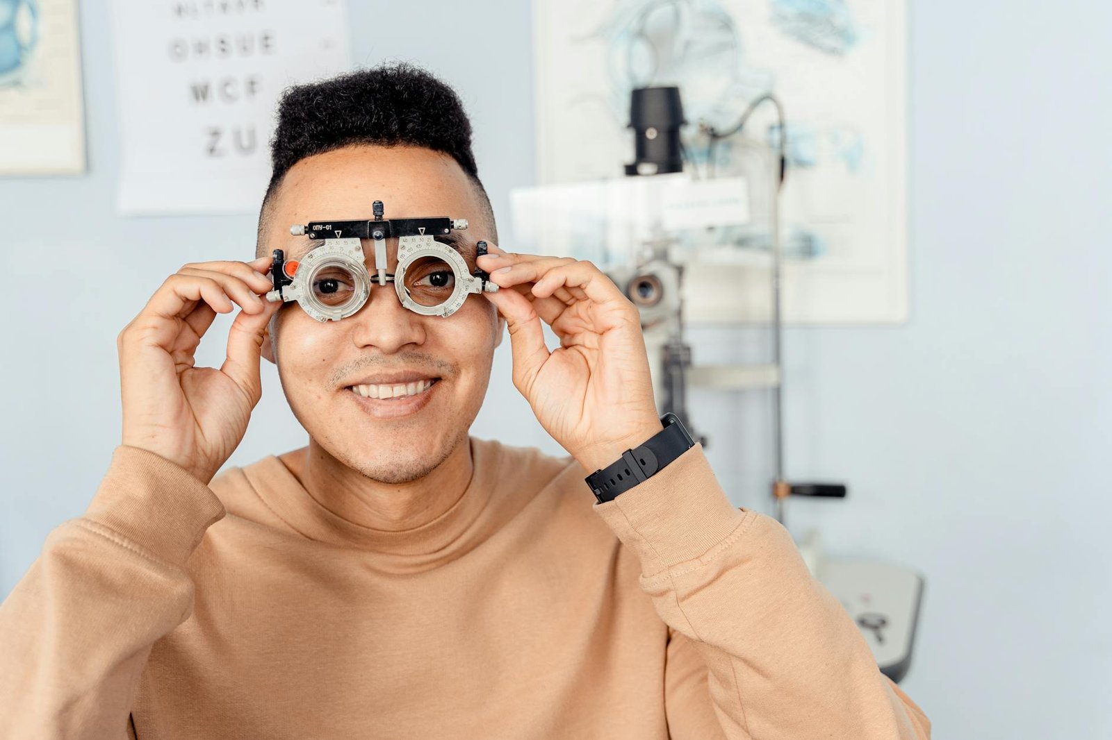 man wearing optical trial lens frame