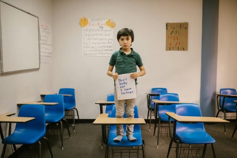 boy standing on blue chair while holding a message against bullying